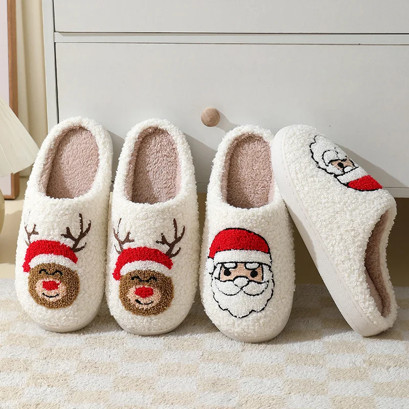 Eyriphy-Pantoufles Chaudes Bouclées en Coton et Peluche pour Femme, Chaussures Plates et Douces de Noël pour Chambre à Coucher