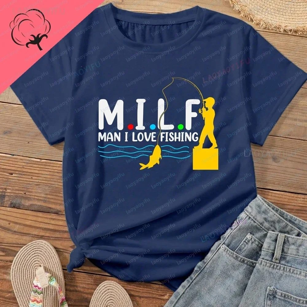 Retro MILF MAN I LOVE FISHING Vintage Man Design Men's and Women's Universal Shirt Cotton Printed Replica Style T-Shirt