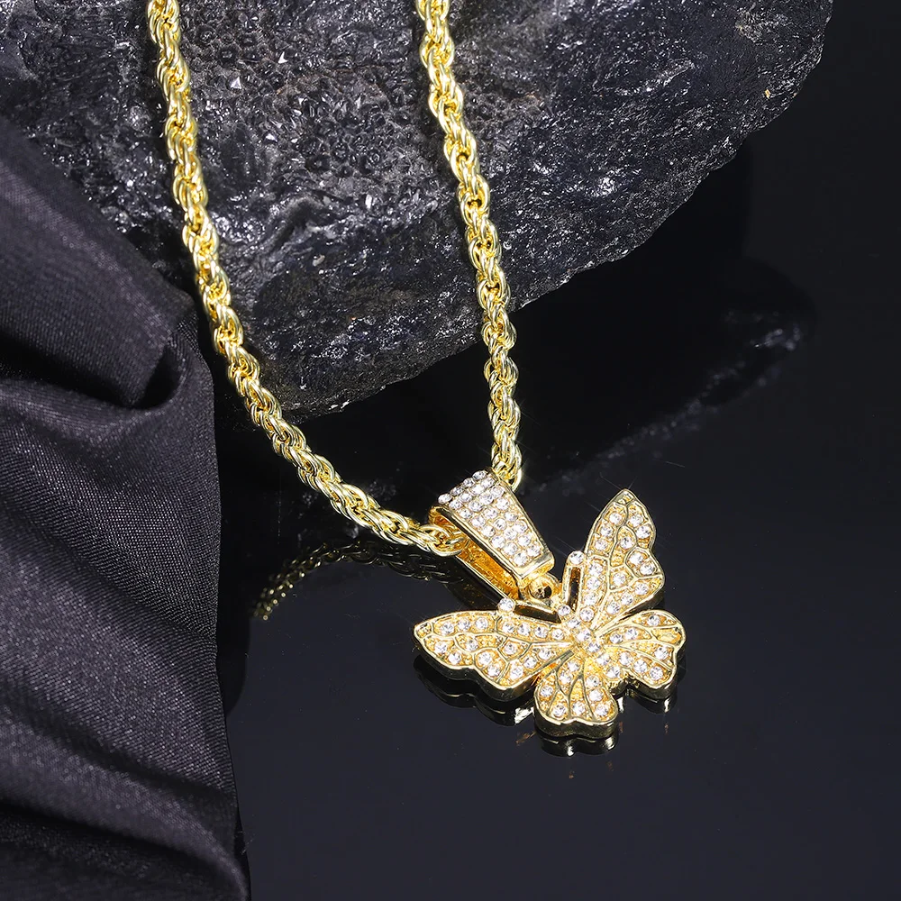 Sparkling Large Butterfly Shape Pendant Match Iced Out 4mm Rope Chain Shiny Accessories Stylish Jewelry for Men Women Gift