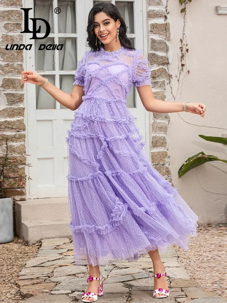 LD LINDA DELLA Summer Runway Designer Vintage Dress Women's Purple Cascading Ruffle High Waist Mesh Dot Long Dress