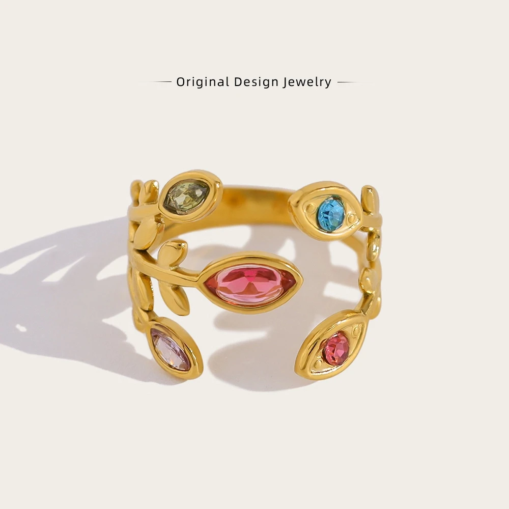 

Luxury Colorful Crystal Stainless Steel Ring for Women Chic 18K Gold Plated Trendy Jewelry Waterproof