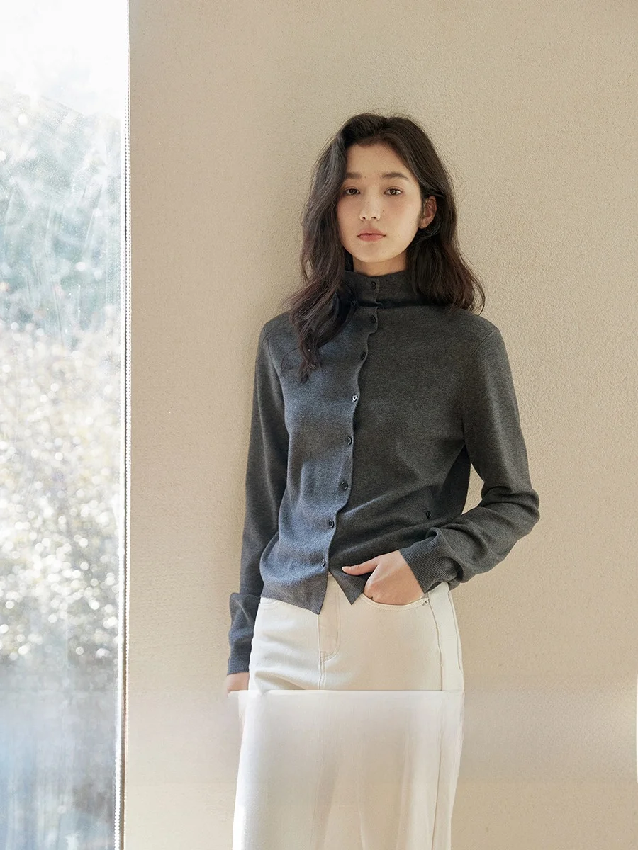 

GINNKEE ультратонкий вязаный кардиган из мериносовой шерсти с 6 иглами, женский весенний двусторонний топ с отложным воротником-стойкой