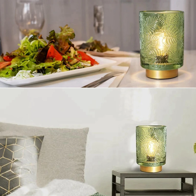 Small Battery Operated Lamp - Portable Cordless Lamp For Home Decor, Glass Table Lamp With Decor Aesthetic Jade Green