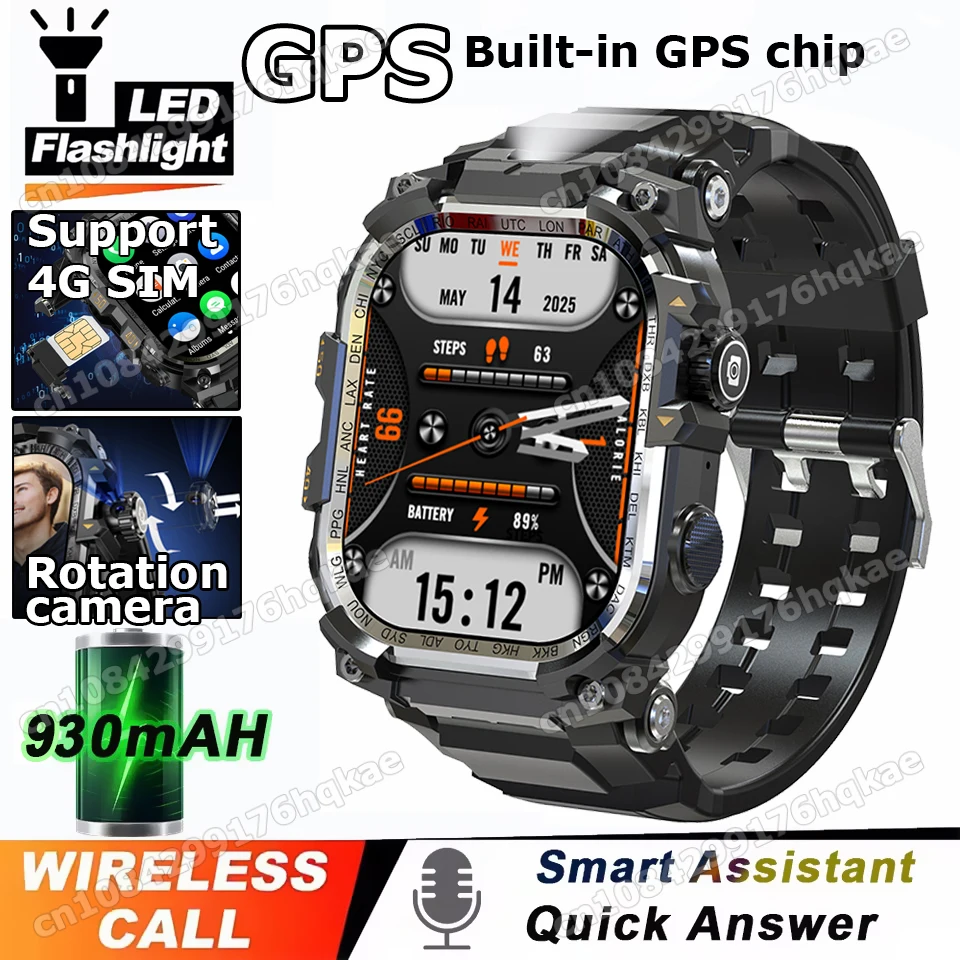 

New Built-in GPS Smart Watch Support 4G SIM Video Chat Rotation Camera LED Flashlight 930mAh Waterproof Wireless Call Smartwatch