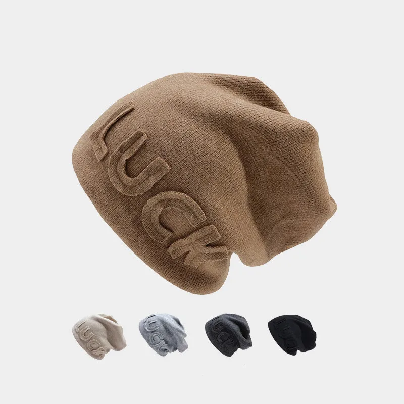 

Loose Big Head Knitted Hat Autumn Winter Korean Woolen Luck Letter Dome Ear Cap Unisex Fashion Hip Hop Baggy Skullies Beanies