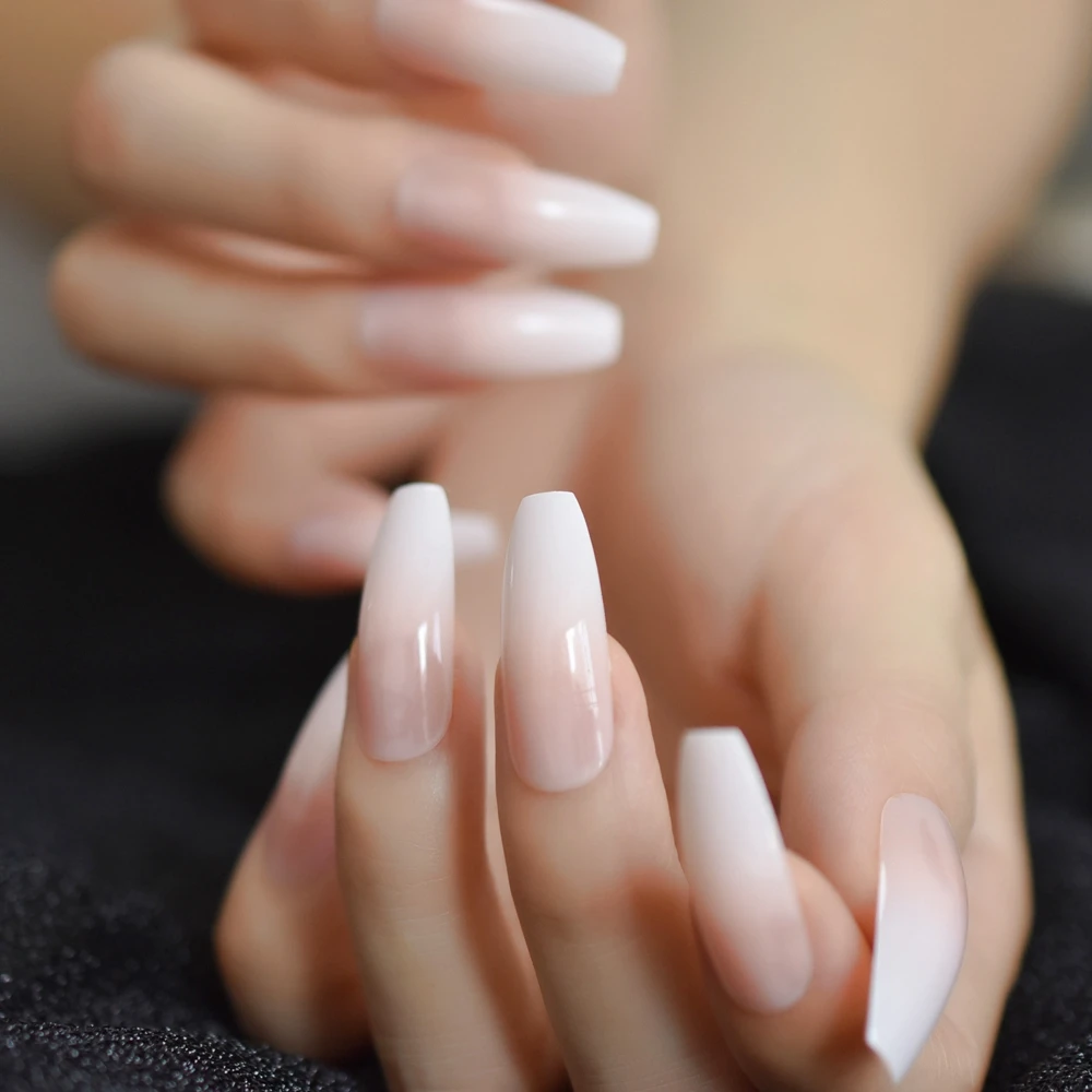 Ombre French Tip Extra Long Ballerina Shape False Press on Natural Nails White Gradient Nude Coffin Tips with Adhesive Tabs 24