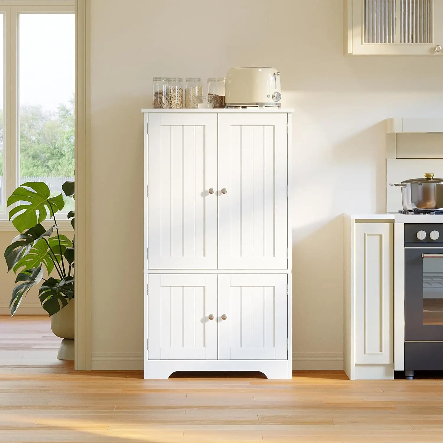 White Kitchen Pantry Storage Cabinet With Four Doors, High Standing Wooden Storage Unit With Door Shelves, Utility Sideboard Organizer Cabinet For Living Room Dining Room Bathroom, White