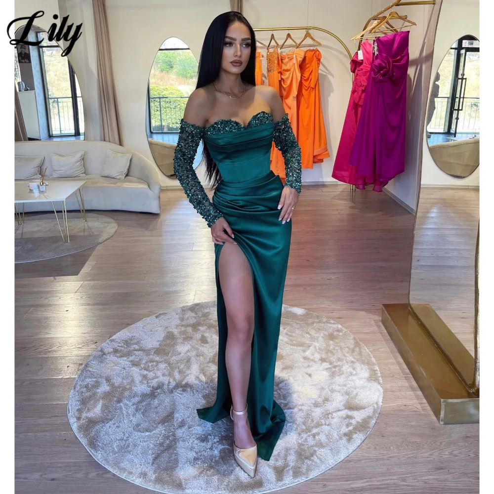 Lily Green Strapless Prom Dress Sweetheart Shiny Sequins Prom Gown Fingerless Gloves Satin Side Split Mermaid Evening Dresses