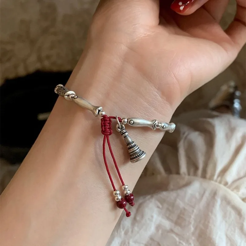 925 Silver Retro Charm Small Fish Buddhist Pagoda Red Rope Round Beads Bracelets for Women Fine Minimalist Accessories Wholesale - Image 3