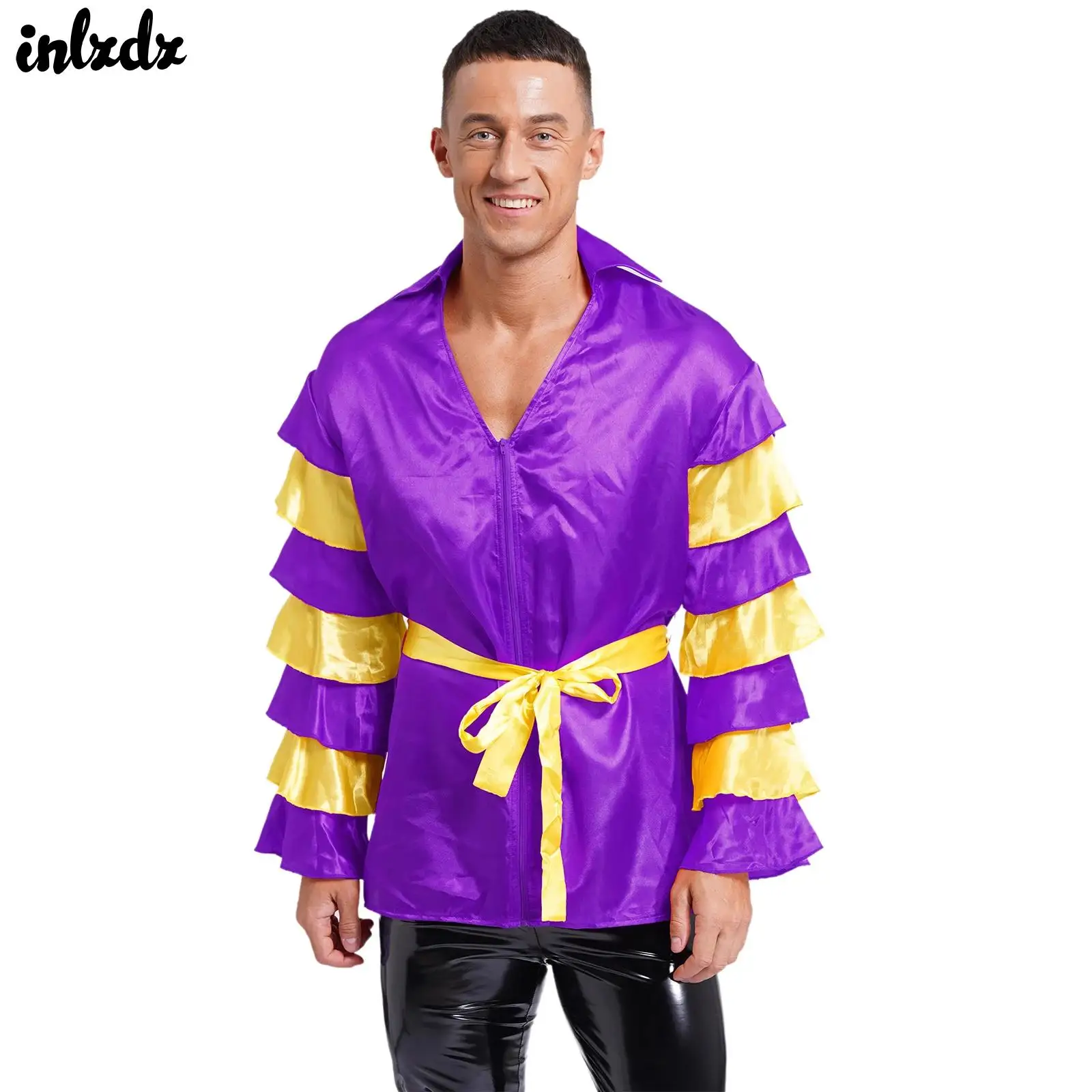 Disfraz de Carnaval de Halloween para hombre, camisa satinada de Rumba con solapa de cinturón, cuello en V, cremallera frontal, contraste escalonado, manga acampanada, Top