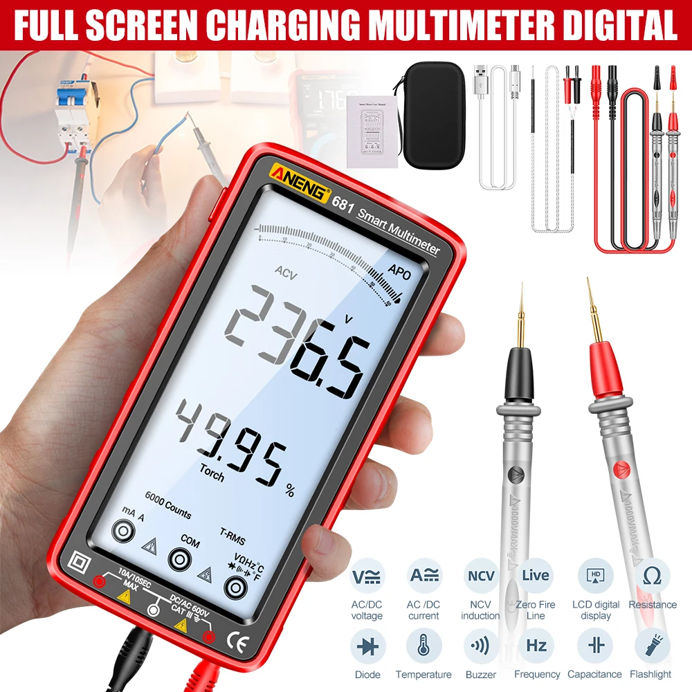 Smart LCD Digital Multimeter Rechargable 6000 Counts Non-contact AC/DC Voltage Tester Diode Current Resistance Capacitance Meter