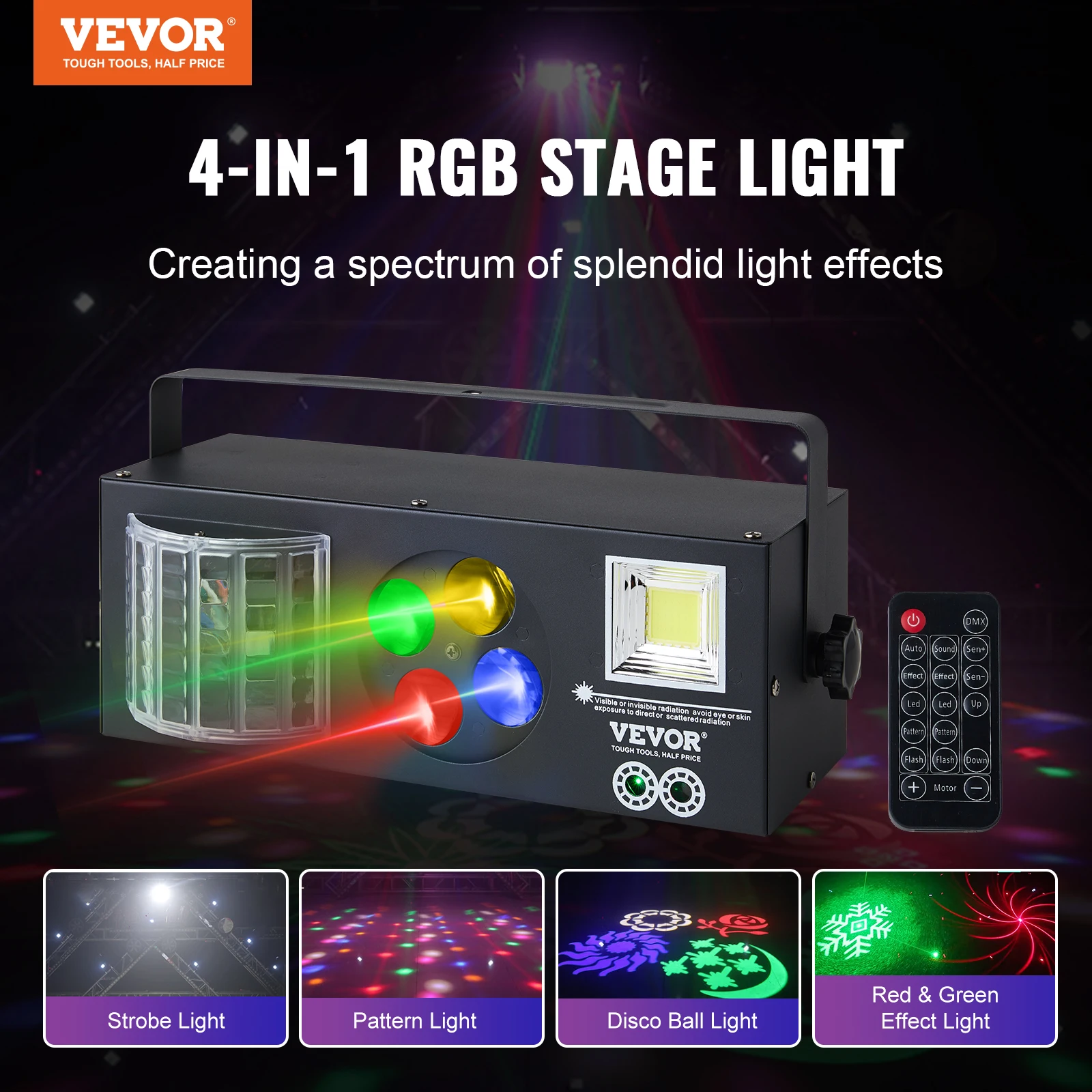 VEVOR 4 in 1 RGB Lights LED Pattern Strobe Light Mixed Lighting Effects Sound Activated for DJ Club Party Birthday Christmas