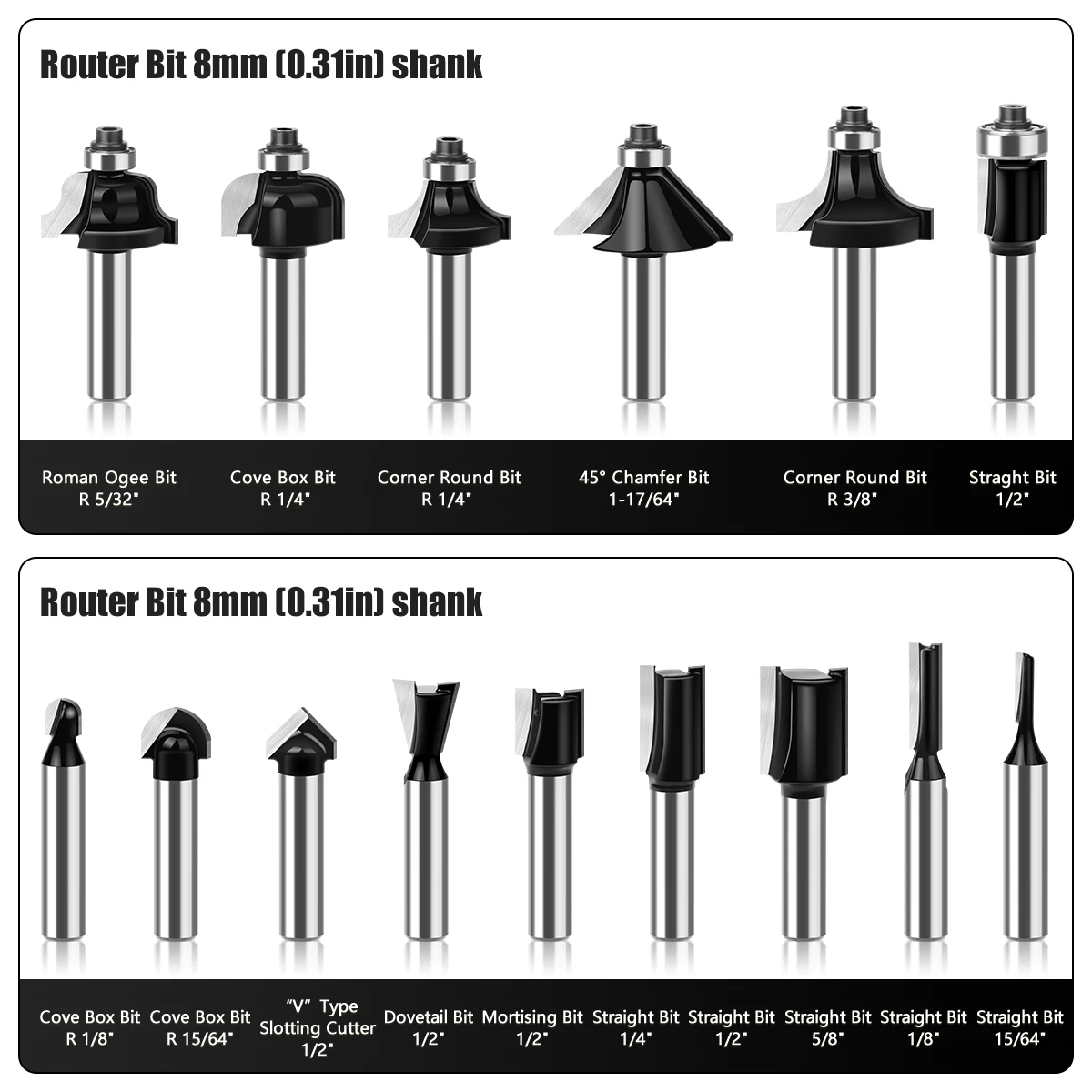 15pcs 8mm Shank Router Bit Set Trimming Straight Milling Cutter for Wood Bits Tungsten Carbide Cutting Woodworking