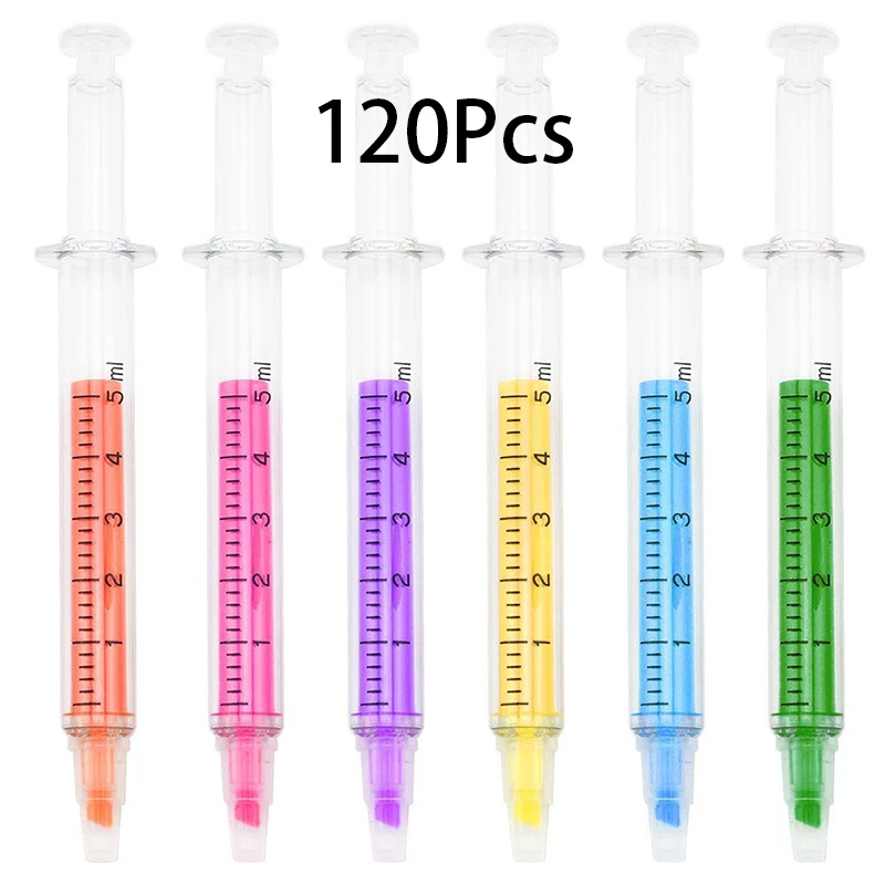 120Pcs Non-Toxic Transparent Injection Syringe Shape 6 Colors Fluorescent Pens Wholesale