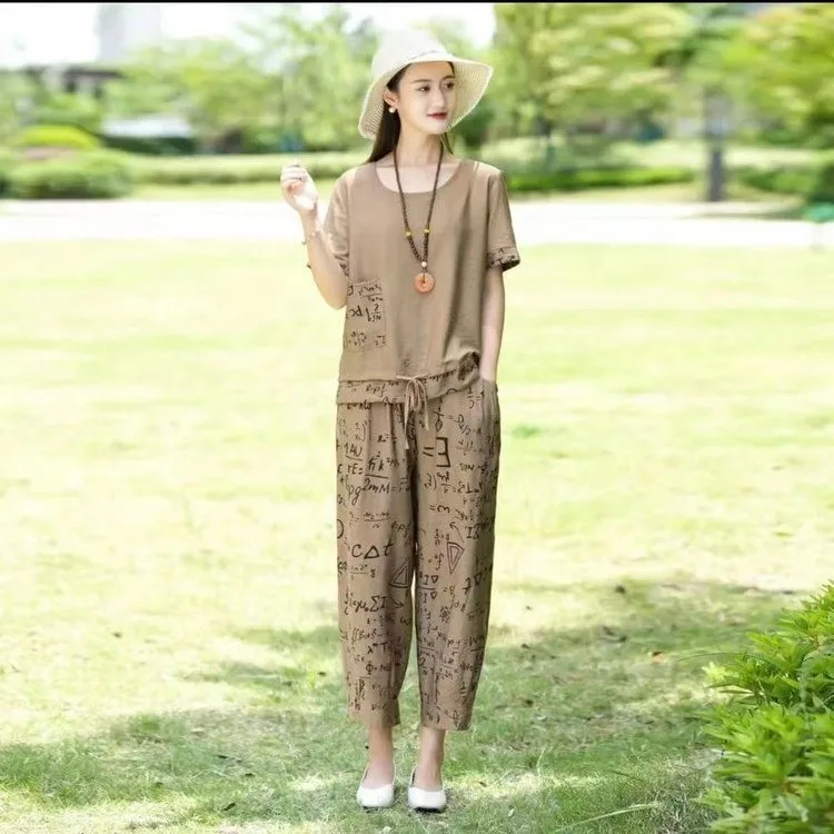 

Womens Suit Summer New Casual Short Sleeve T-Shirt Top Harlan Cropped Pants Plus Fashion Cotton Linen 2 Two Piece Set