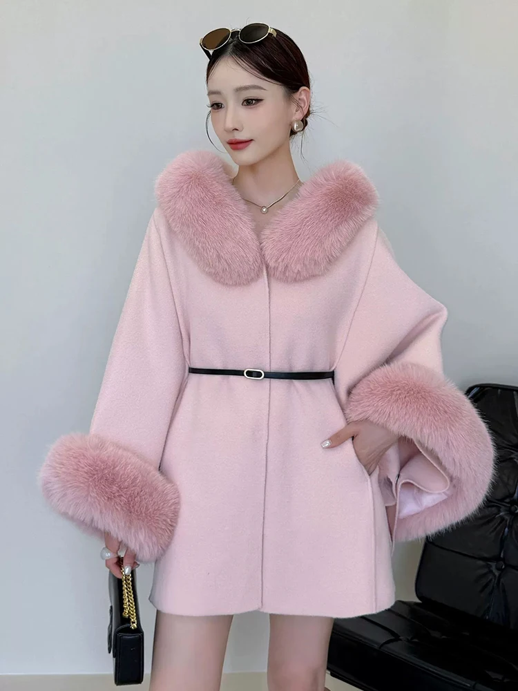 Donna Autunno Inverno Nuovo elegante scialle da socialite Cintura chic Cappotto corto di lana allentato sottile Cappotto di lana con collo di pelliccia di moda di fascia alta