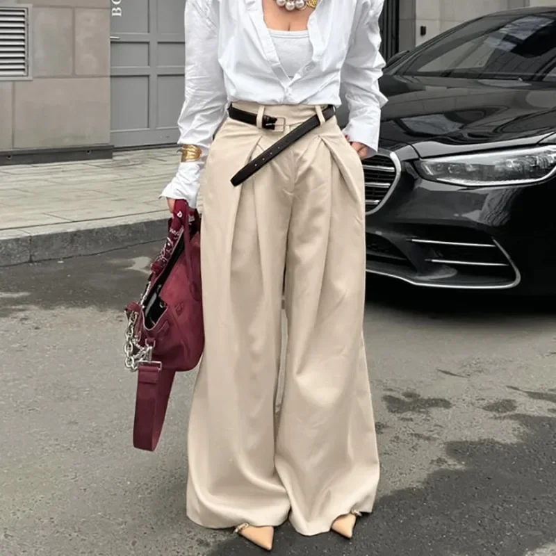 Autumn Women's High Waist Pleated Wide Leg Pants Female Clothing Temperament Commuting New Fashion Women Khaki Casual Trousers