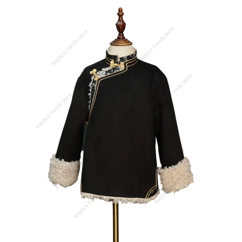 

Children's Tibetan Chuba Style Short Coat Ethnic Stand Collar Outerwear Girls' Winter Fleece Jacket Tibet