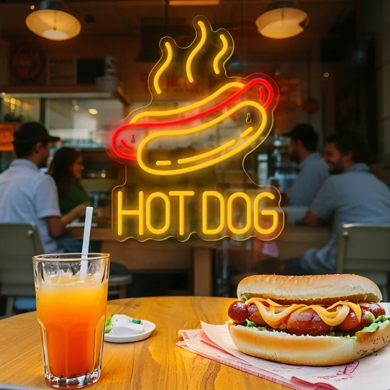 

Hot Dog Neon Sign Adjustable Brightness LED Wall Hanging USB Switch Control Bedroom Restaurant Fast Food Shop Decor Unique Gift