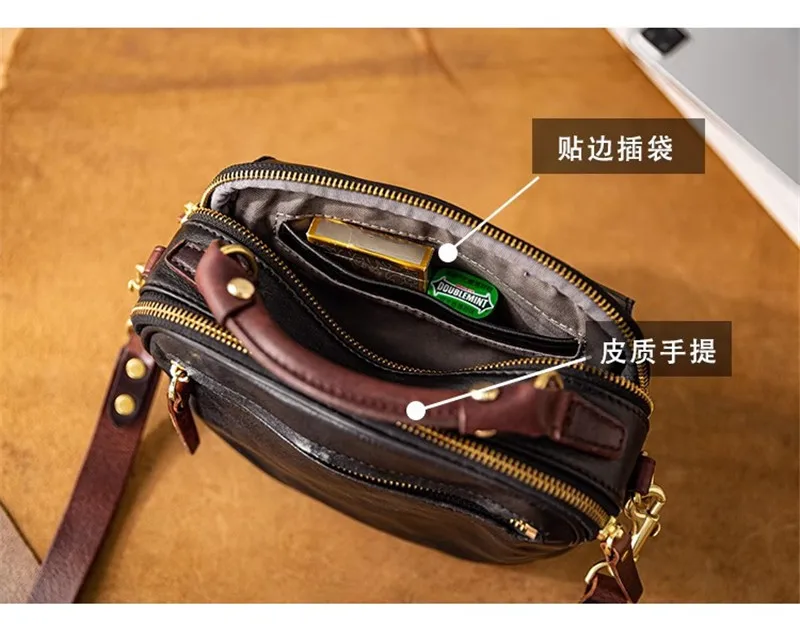 Modische, hochwertige Herren-Umhängetasche aus echtem Leder, lässige Designer-Luxus-Schultertasche aus echtem Rindsleder in Schwarz. – Detail 5