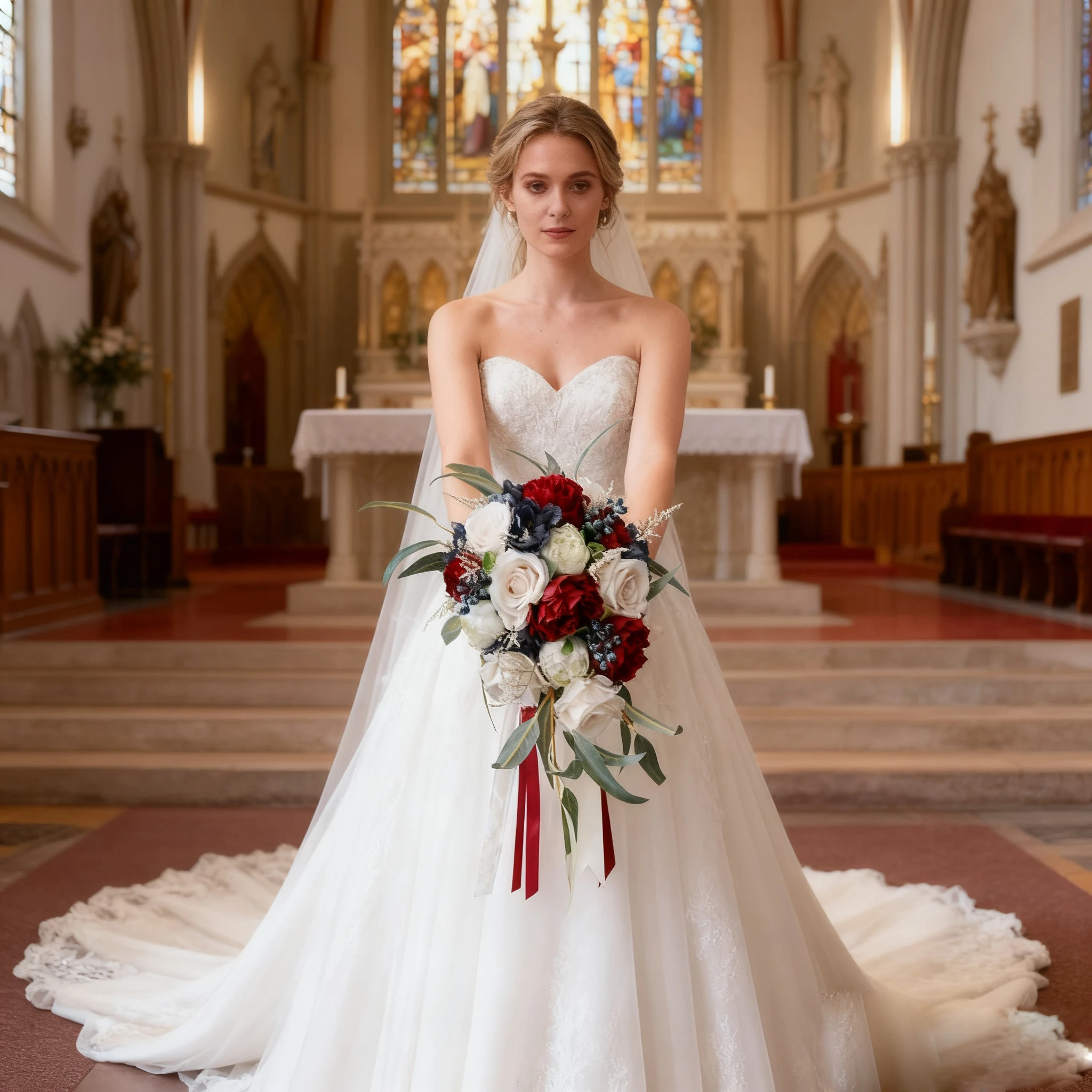 

Burgundy Wedding Bridal Bouquet, Bride Artificial Rose Flowers with Ribbons, Bridesmaid Fake Flower