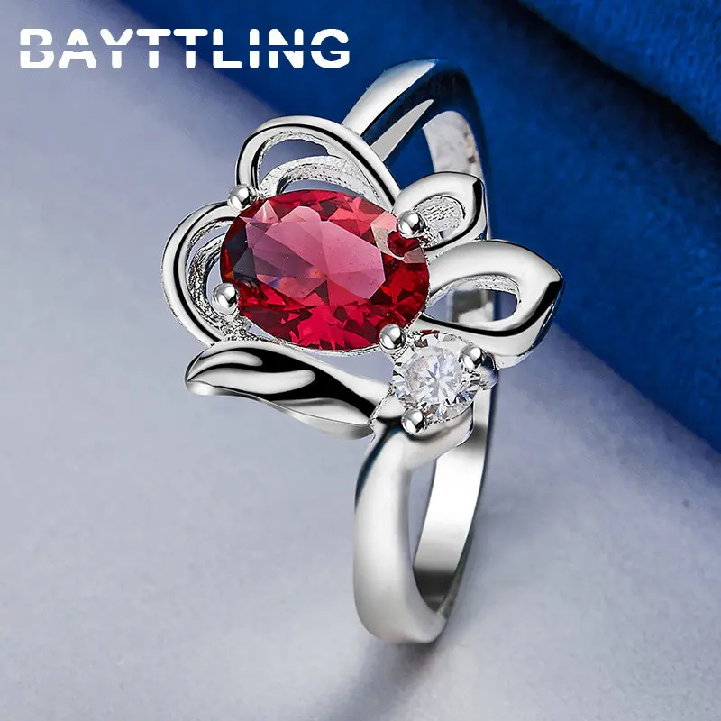 

New 925 Sterling Silver Ring 7/8/9/10# Charm Red Zircon Flower Ring Women Fashion Wedding Gifts Jewelry Accessories