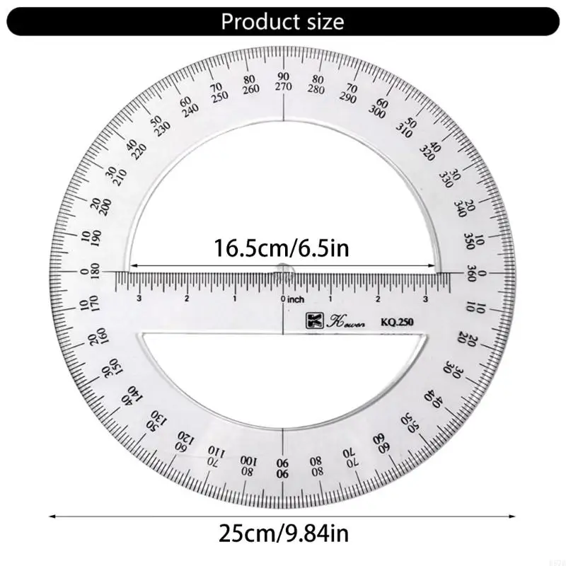 Transportador circular D57D 25cm, herramienta medición 360 ​​grados, regla transportadora redonda, plantilla circular