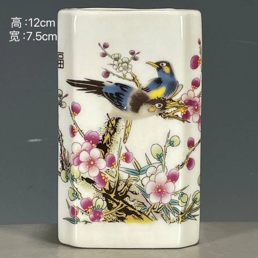 Porcelain wenwan secondhand goods collection Guangxu annual pastel flower and bird square pen holder