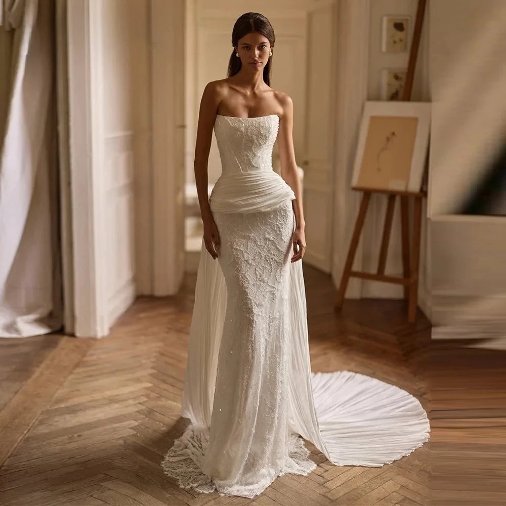 Customized  Elegant Mermaid Beaded Wedding Dresses  Pleated Detachable Floor-length Lace Long Bridal Gown Dreamy Bridal Gown