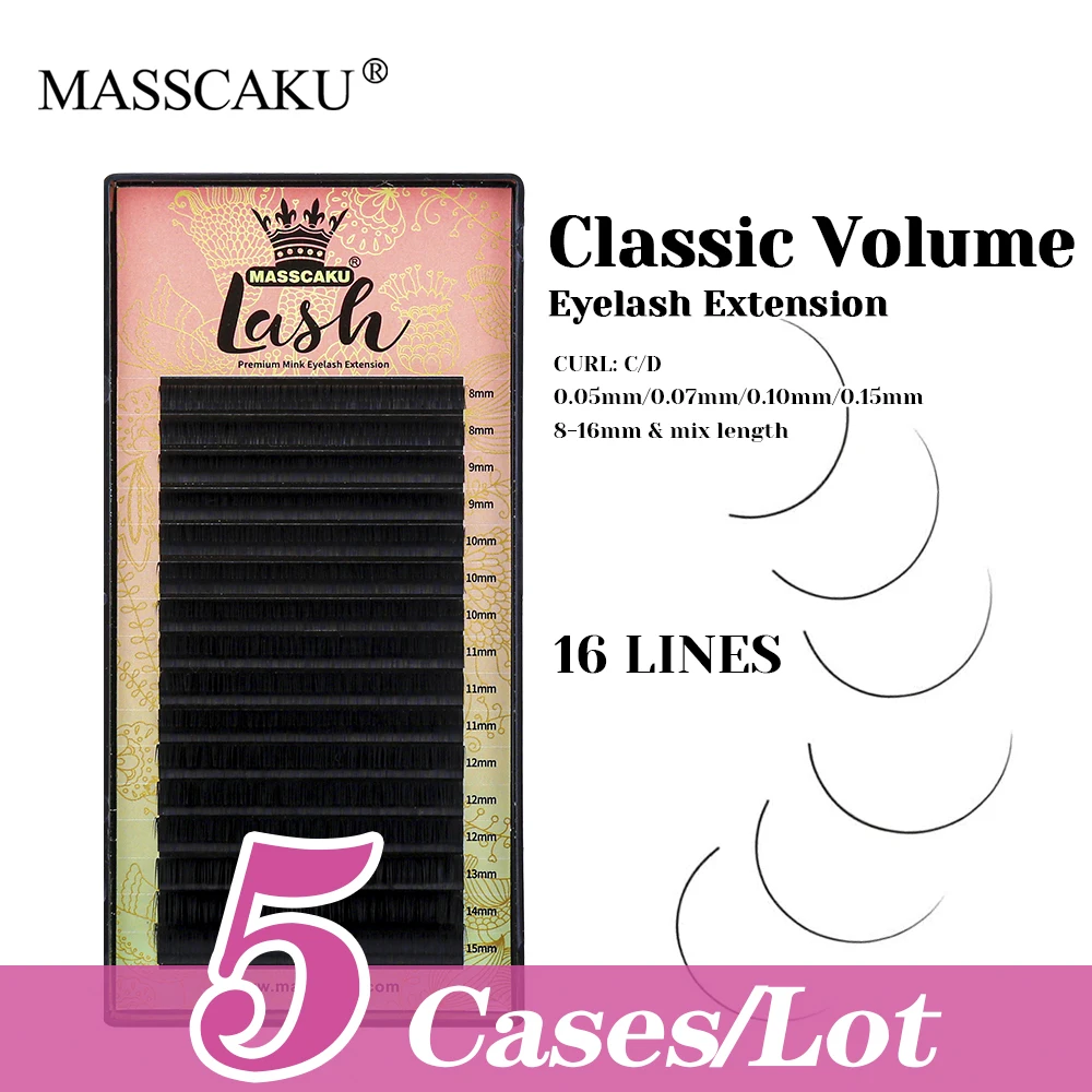 

16 Rows MASSCAKU 5cases/lot Soft Comfortable Cashmere Regular Lashes 8-16mm and Mix Size Classic Volume Eyelashes Makeup Tools