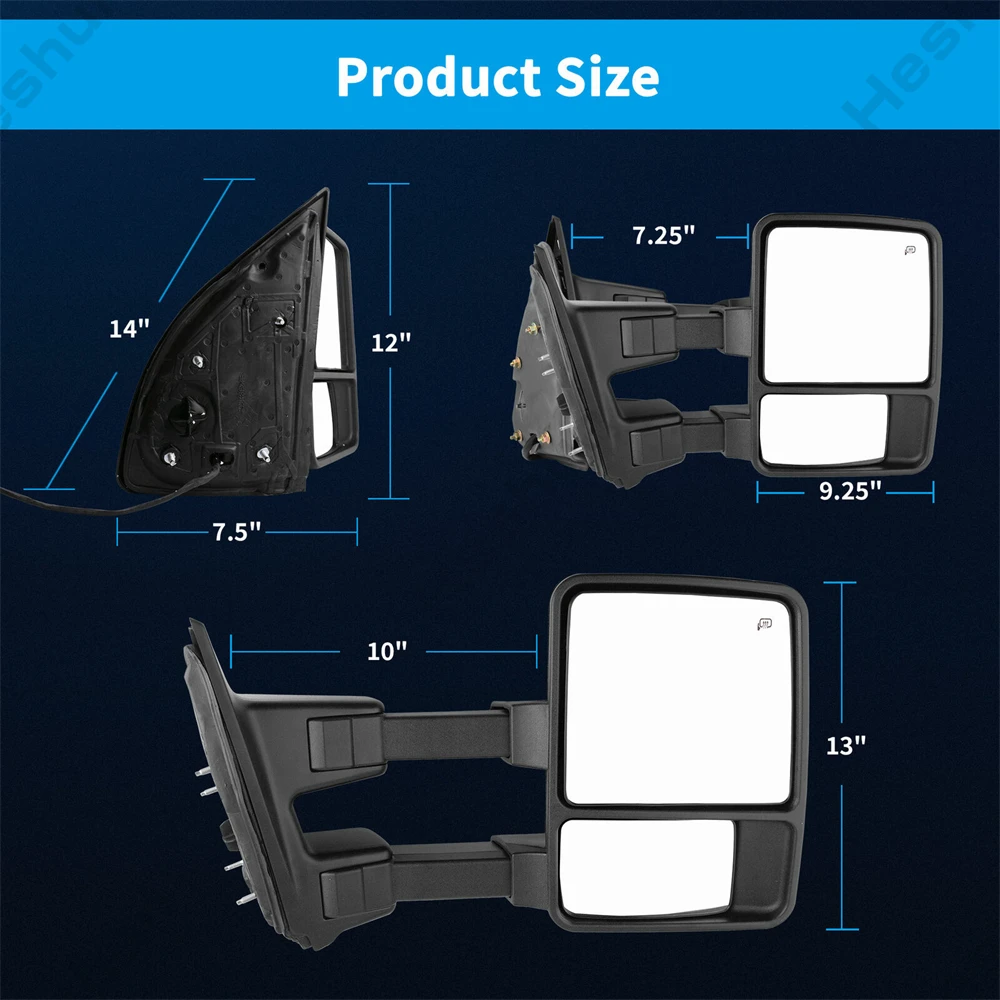 For 1999 - 2007 Ford F250 F350 F450 F550 Excursion Super Duty 2 Pieces Tow Mirrors Power Heated Smoke Turn Signal Running Light