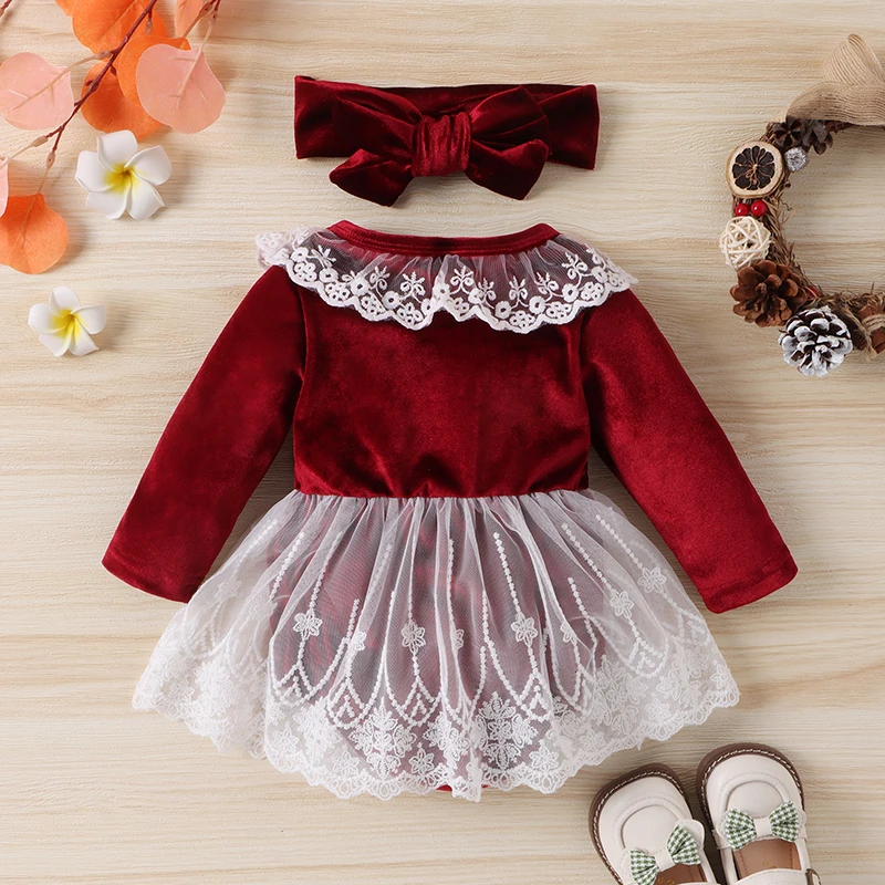 Baby Girl Velvet Rompers Dress Lace Patchwork Skirt Hem Jumpsuits Newborn Bodysuits with Headband Set for Christmas Party Outfit