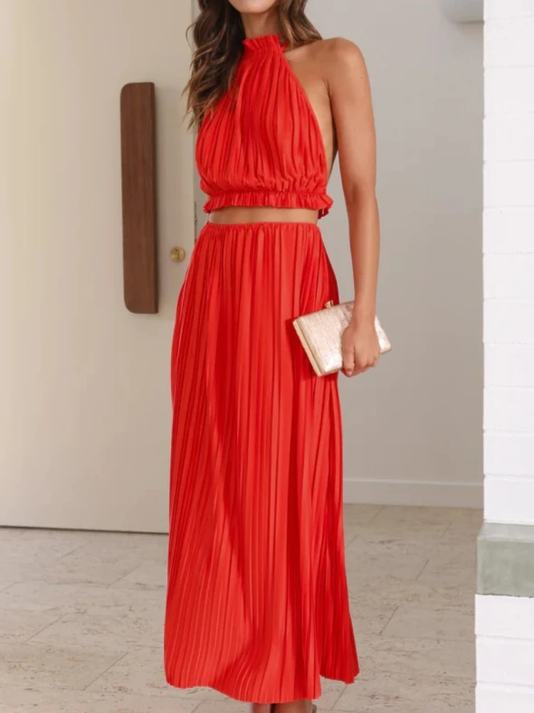 

2025 Summer Fashion New Women's Sexy Spicy Girl Style Skirt Two Piece Set with Hanging Neck and Exposed Back Long Skirt Set
