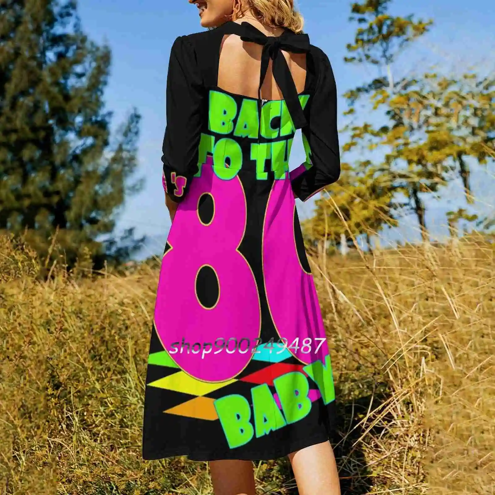 Back To The 80'S Square Neck Dress Sweet Summer Dress Women Elegant Halter Print Dress Back To The 80S 80S Eighties Pop Music