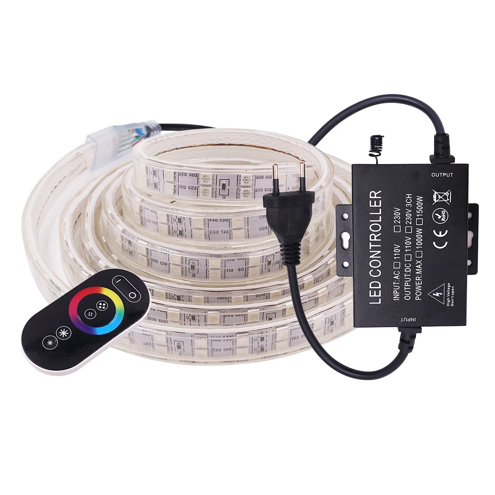 

220V LED RGB Strip Light 5050 Touch Remote Control 60LED/120LED Change Color Waterproof IP67 LED Tape Rope Light Home Decoration