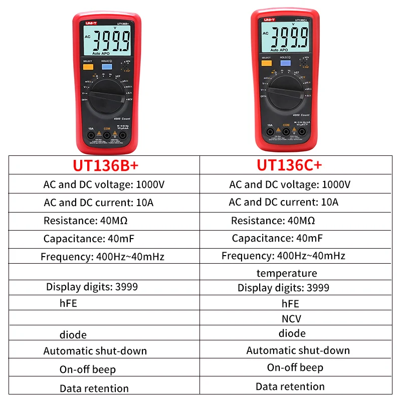 UNI-T UT136B+ UT136C+ Plus Multimetr cyfrowy 1000V 10A Automatyczne wyłączanie AC DC Napięcie prądu Ohm Miernik diody Test temperatury