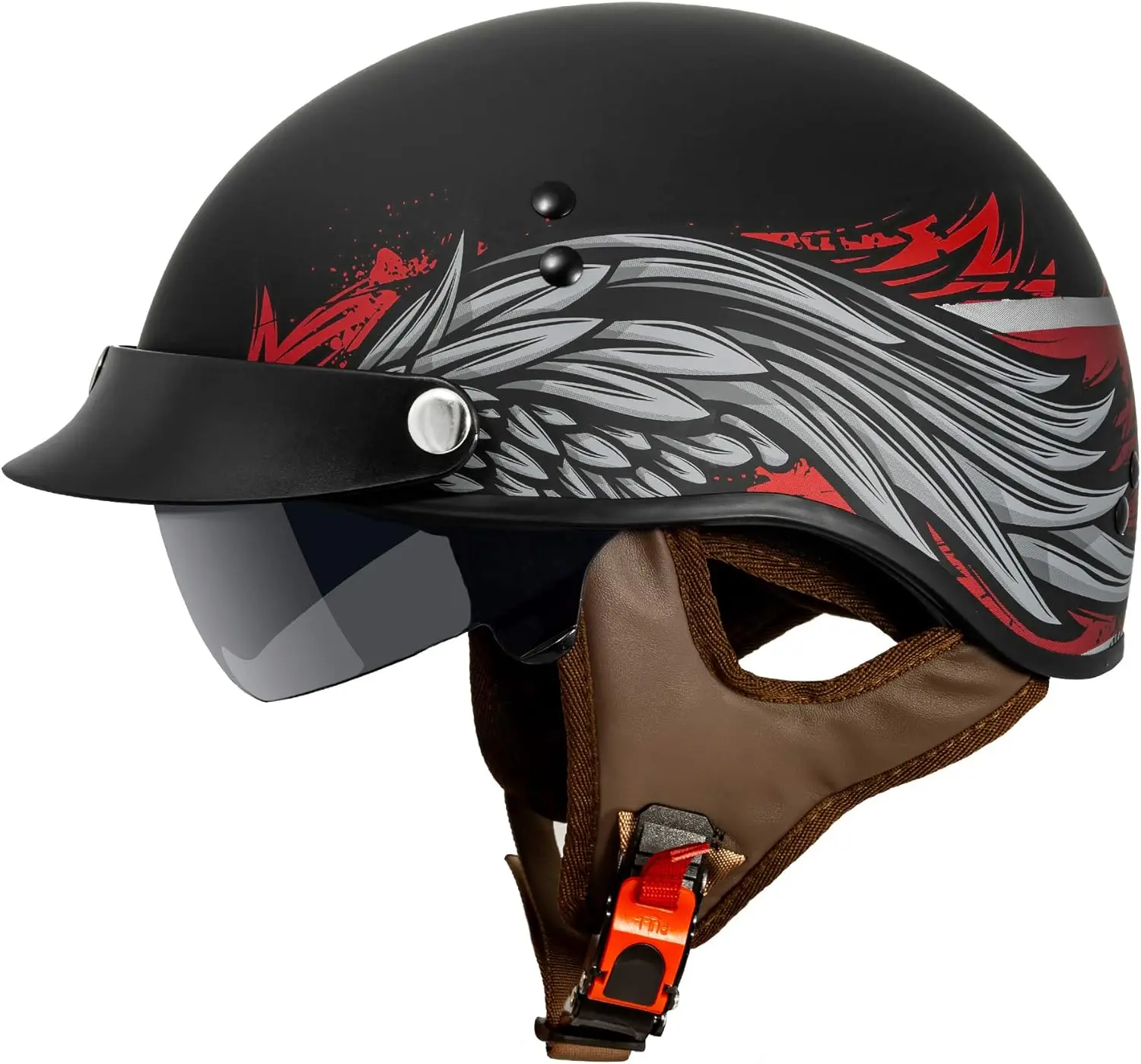 Cruiser Half Face Motorcycle Helmet with Drop-Down Sun Visor, Removable Peak and Quick Release Buckle