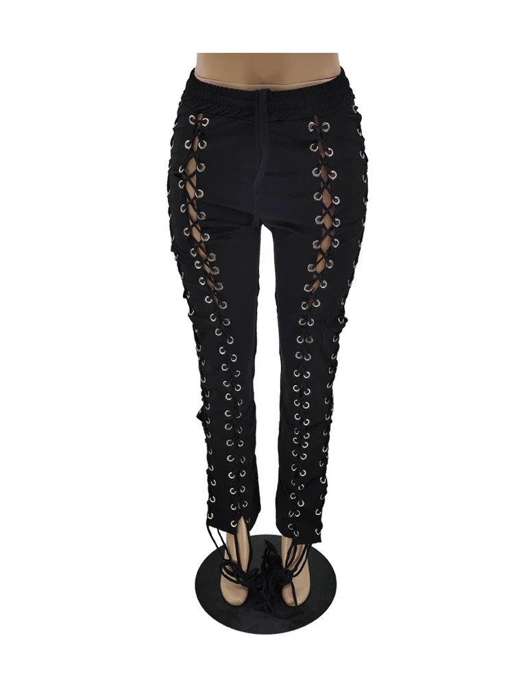 Knitted Slit Hollow Women Pants High Waist Lace Up See Through Streetpant Femme Solid Slim Fashion Streetwear Pant Ladies Sexy