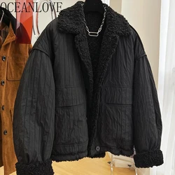 OCEANLOVE Thick Lamb Wool Autumn Winter Jackets for Women Solid Black Warm Vintage Chaquetas Korean Fashion Ropa De Mujer