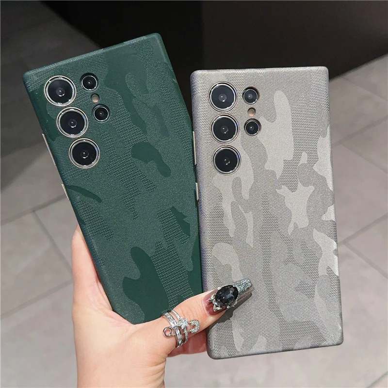 Luxury Camouflage Leather Wireless Charge For Magsafe Case for Samsung Galaxy S24 Ultra S23 S24 Plus Alloy Lens Shockproof Cover