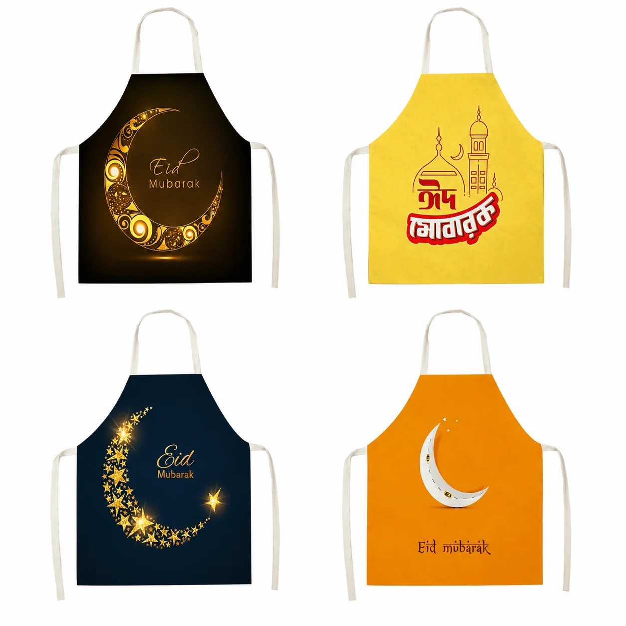

Eid Mubarak Ramadan Golden Moon Star 2D Flat Printed Linen Sleeveless Apron Atmospheric Home Kitchen Cooking Baking Chef Bib