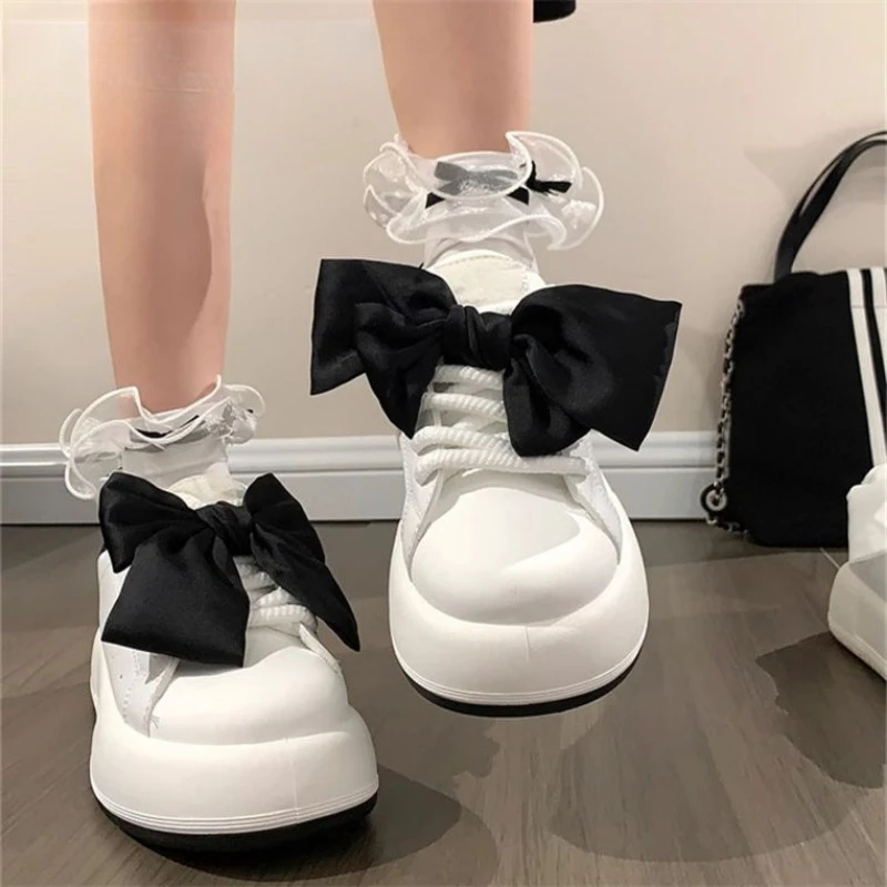 SHANPA Cute Style Womens Skate Shoes Niche Bow Tie Versatile White Shoes Thick Bottom Solid Colors Lace Up Shoes Women Sneakers