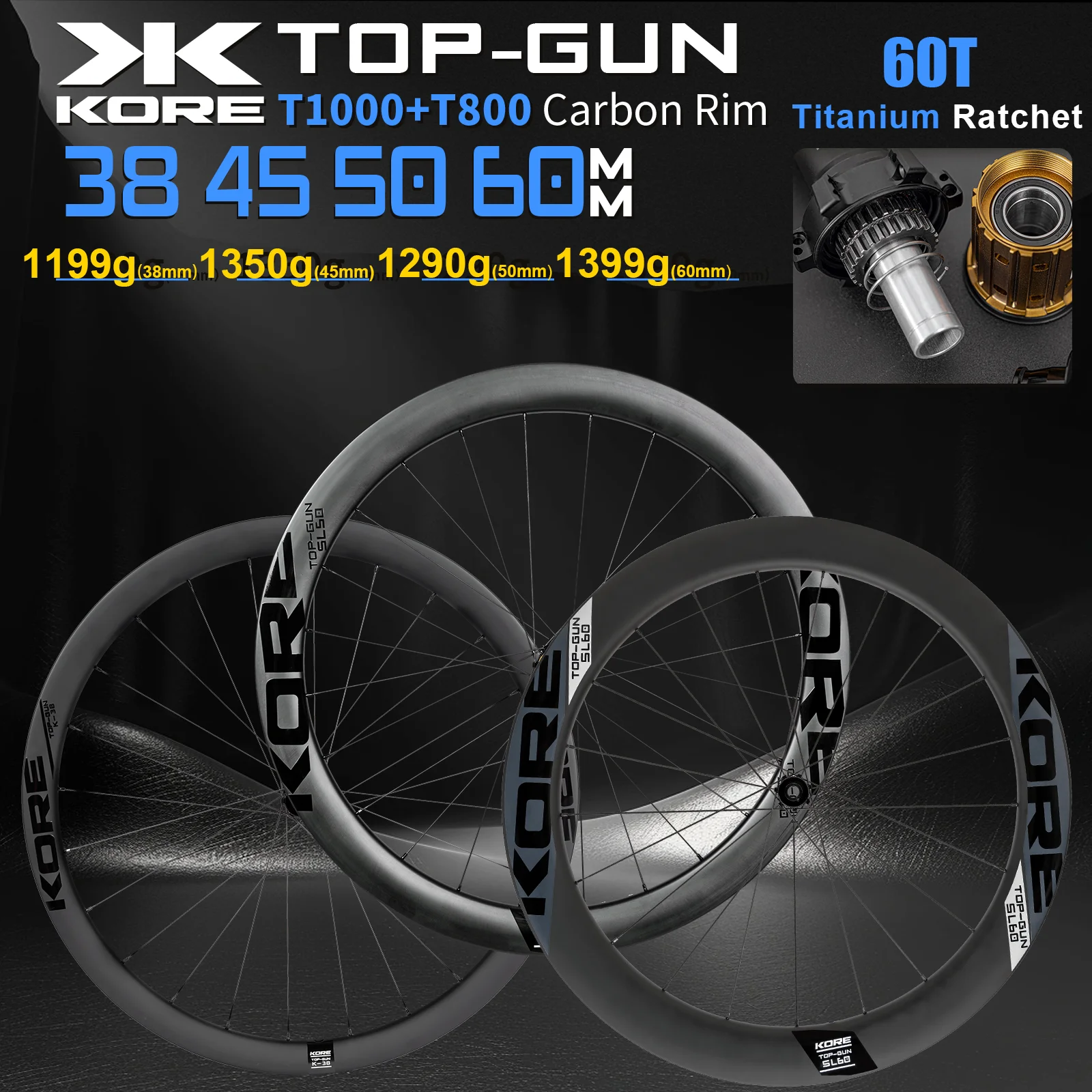 

KORE 700C Carbon Disc Rims,38/45/50/60mm Wheelset ,60T Titanium Ratchet Hub,HG\XDR,24H,Tubeless,Road Carbon Racing Bike Wheels
