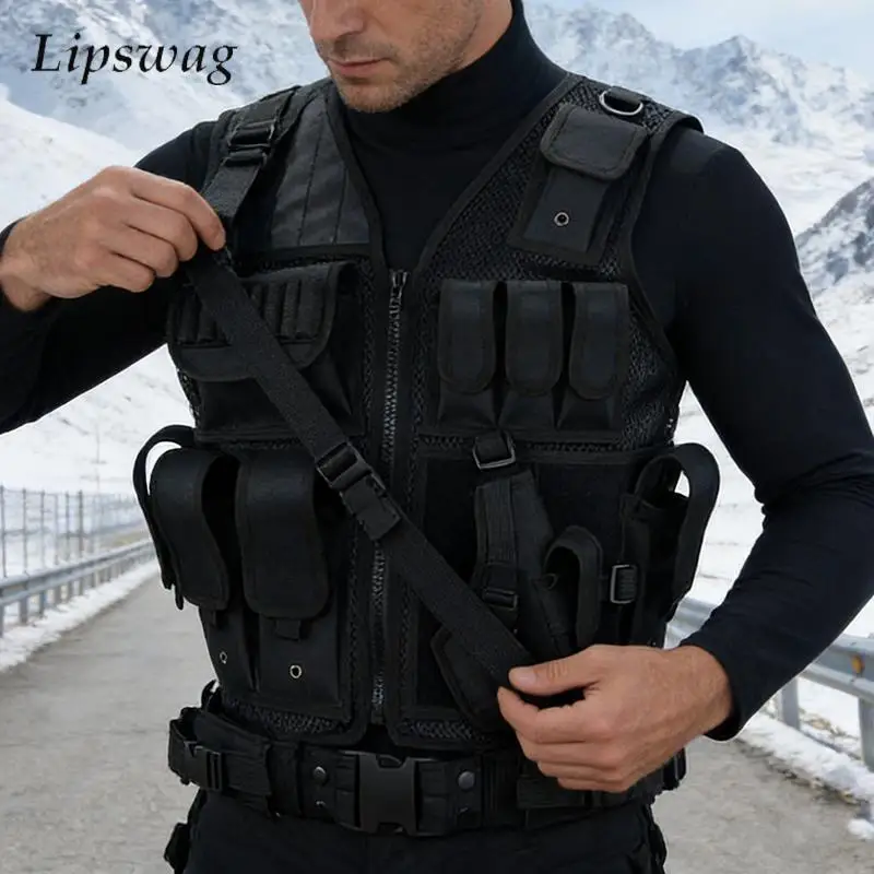 

Black Tactical Combat Vest for Men Sleeveless Lightweight Breathable Mesh Lace-up Adjustable Multi Pocket Vest Outdoor Activitie