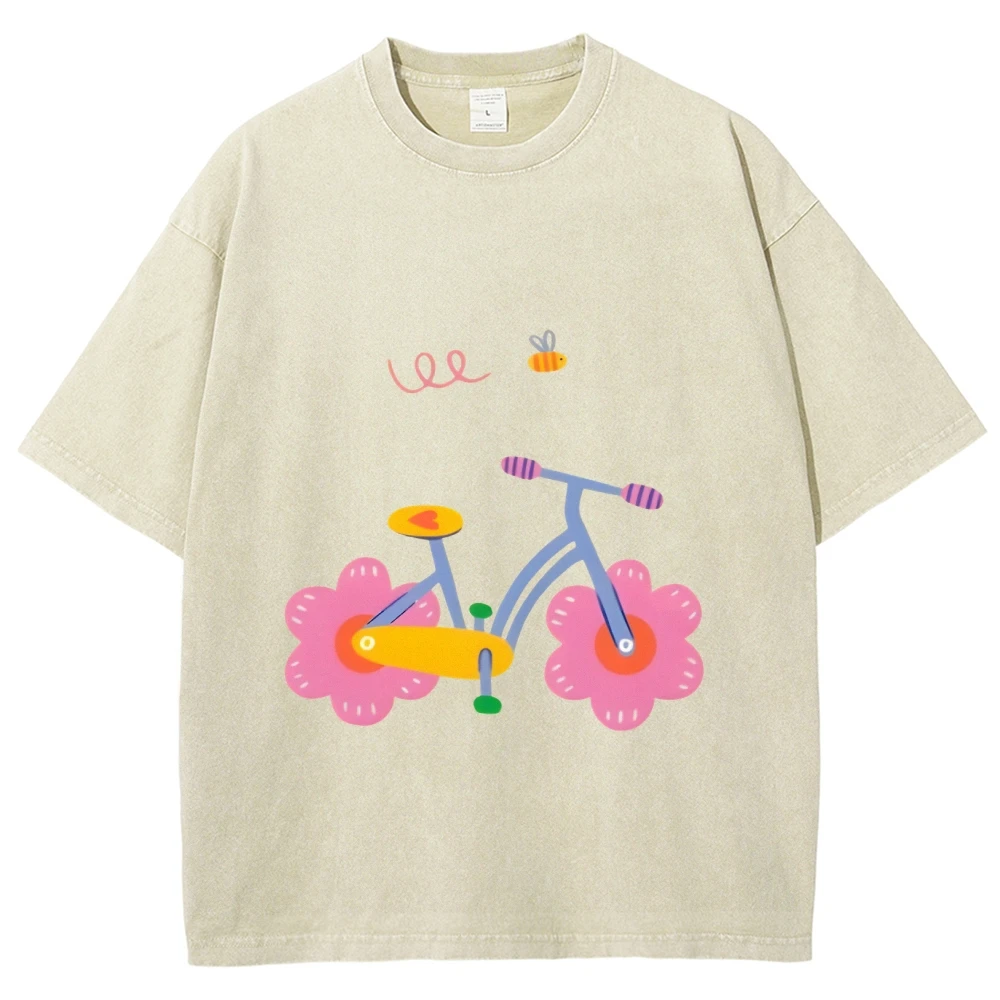 

Stylish Tee Y2K Graphic T-shirts Flower Bike T-shirt Premium Cotton High Quality Oversize Washed T-shirt Cute Y2K Style