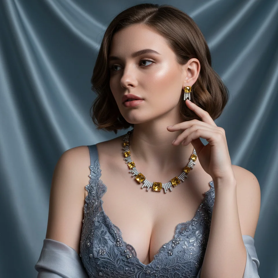 

European Bridal Square Zircon Necklace Earrings Set Fashion Daily Commute Banquet Wedding Dress Jewelry Wholesale