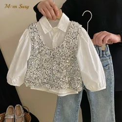 Fashion Baby Girl Boy Sequins Vest Outfit Infant Toddler Child Sparkle Waistcoat Spring Autumn Summer Baby Clothes 1-10Y