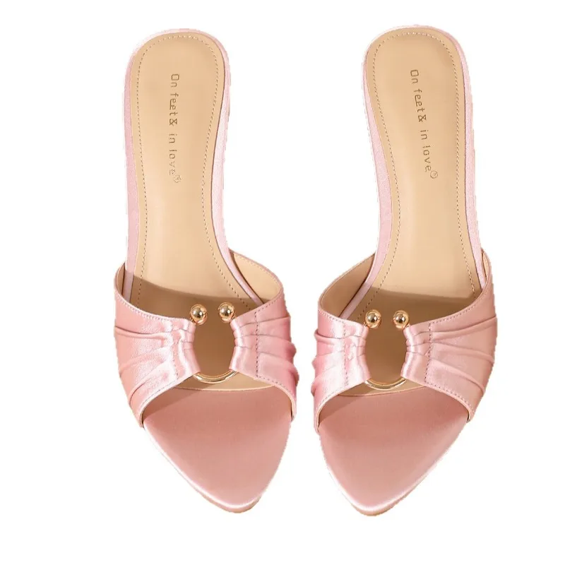 Pleated Metal Ring Satin Elegant Thin Heels Slippers for Women Open Toe Summer Fashion Slides Sexy Sandals Dress Shoes Women view 6