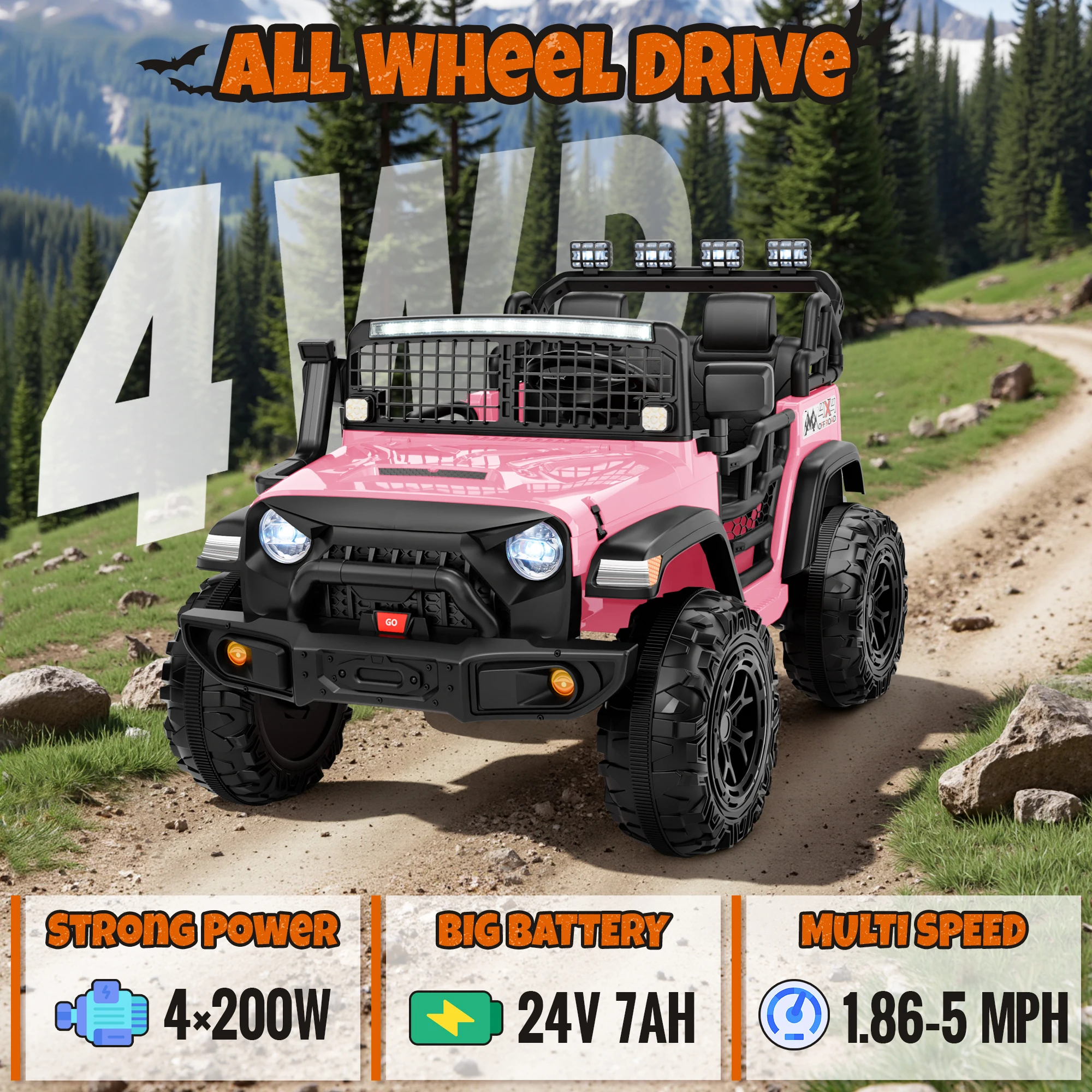 Samochód UTV dla dzieci 24V 4WD z pilotem dla rodziców, dwuosobowy, muzyka Bluetooth, światła LED, pojazd terenowy do użytku na zewnątrz