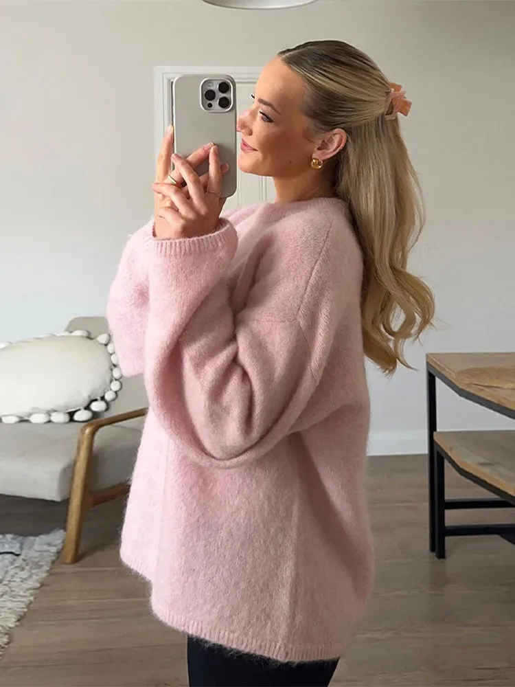 Elegant Sweet Pink Knitted Pullover Women Fashion O Neck Long Sleeves Loose Warm Sweater New Autumn Lady Commute Street Tops